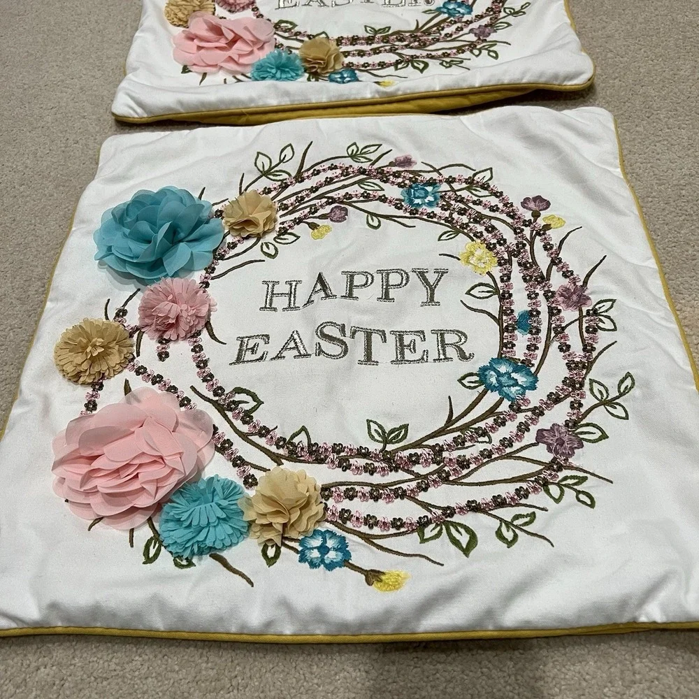 Pier 1 Happy Easter Pillow Case Set Of Two Embroidered Square Cottagecore Flower